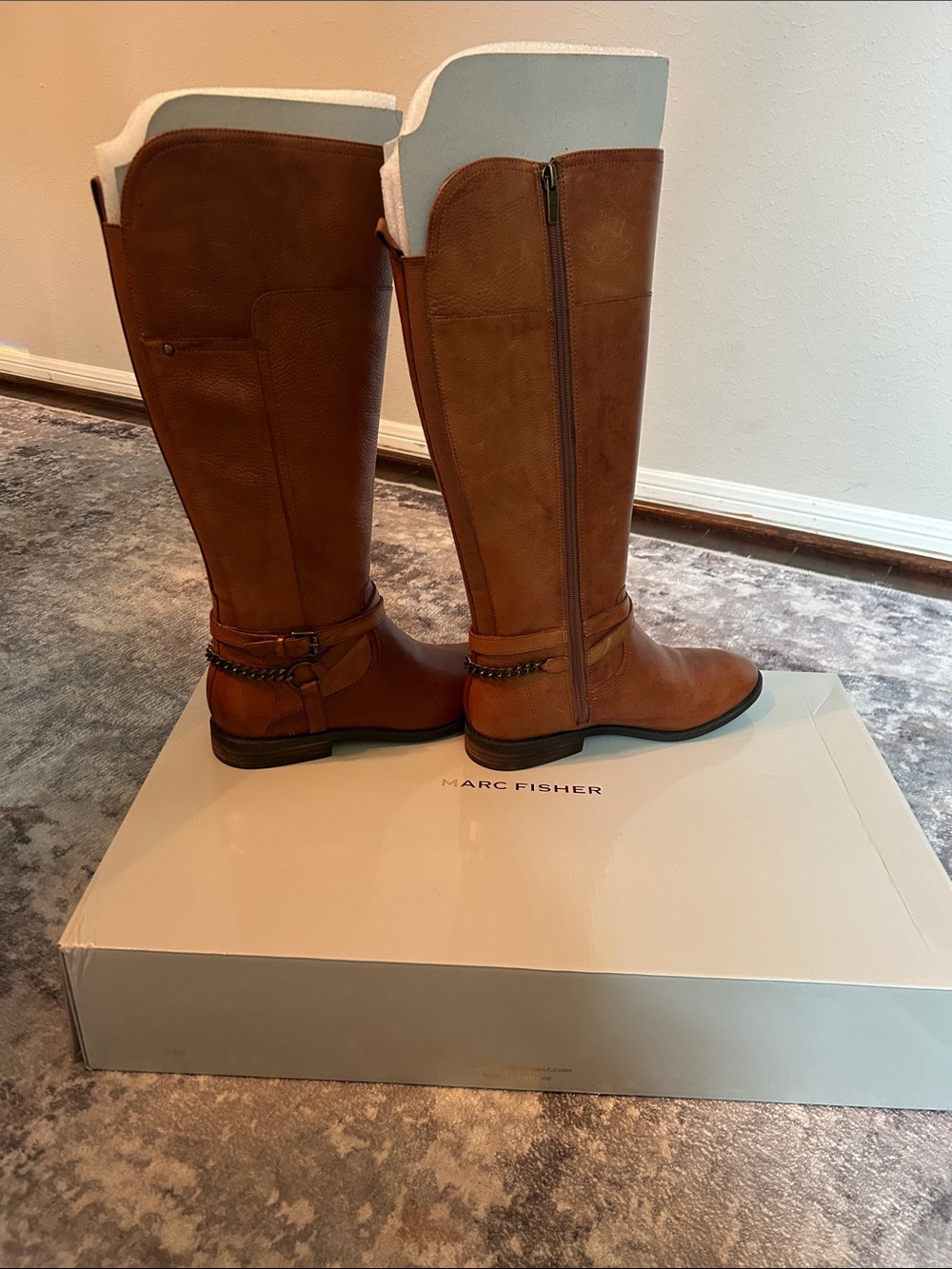 Marc Fisher Tall Riding Boots with Ankle Chain Detail in Cognac